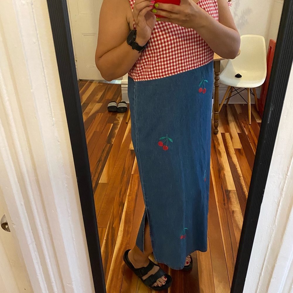 Vintage denim gingham checkerboard cherry dress - Picture 1 of 4